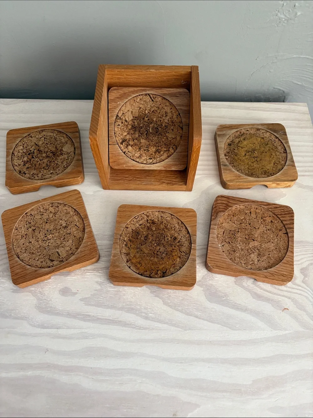 Vintage Mid Century Modern Wood and Cork Coaster Set of 6 with Caddy